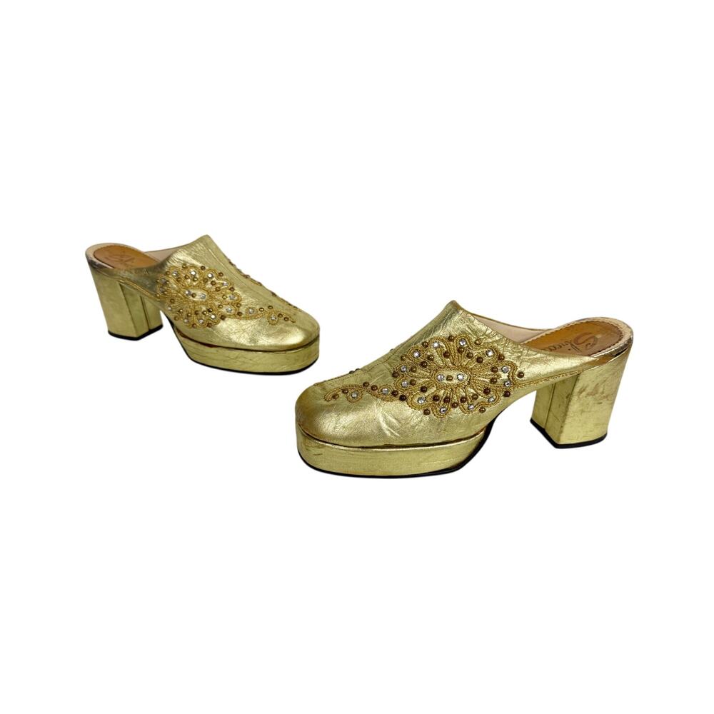 Vintage 70s Sbicca Gold Metallic Platform Mules Rhinestone Embroidered Disco